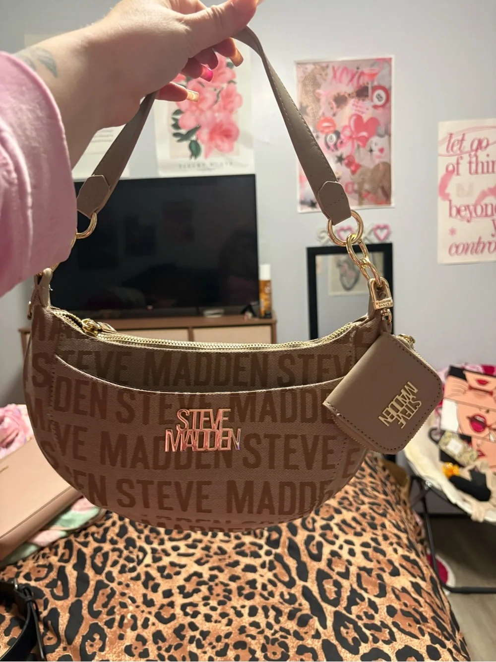 Steve Madden Brown Logo Crescent Shoulder Bag with Gold Hardware